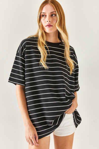 Women's Black Striped 2-Thread Oversize Unisex T-Shirt TSH-19000764 - 4