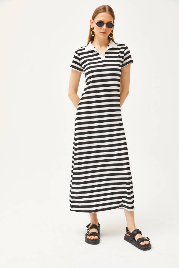 Women's Black Striped Lycra Polo Dress ELB-19002045 - 2