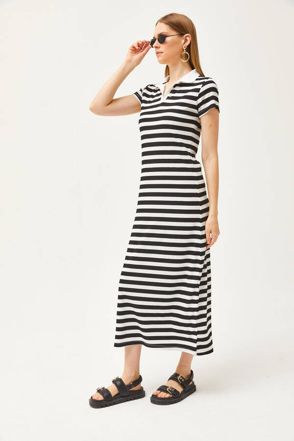 Women's Black Striped Lycra Polo Dress ELB-19002045 - 4