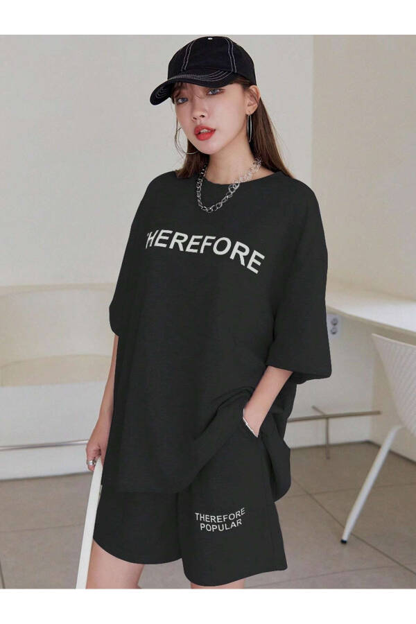 Women's Black Therefore Printed Oversized Shorts Suit - 9