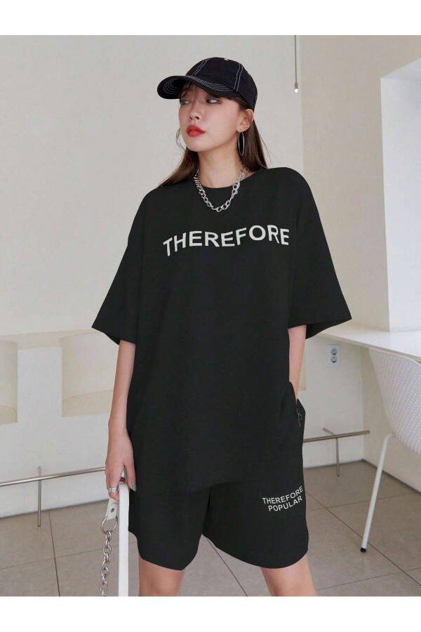 Women's Black Therefore Printed Oversized Shorts Suit - 11