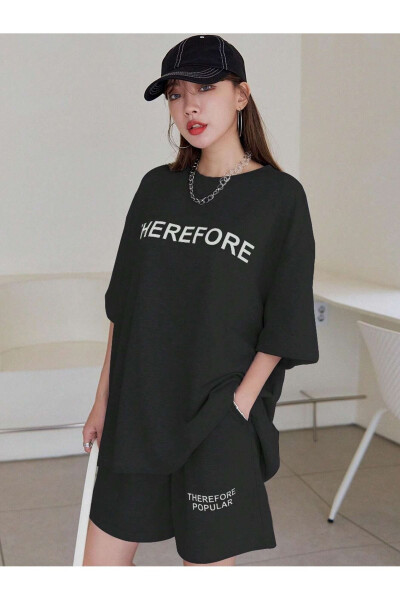 Women's Black Therefore Printed Oversized Shorts Suit - 5