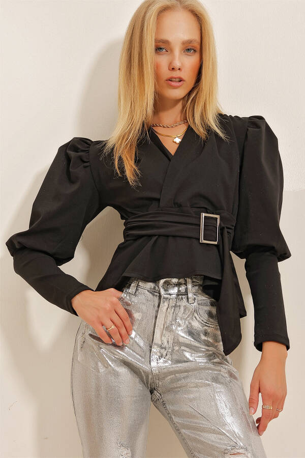 Women's Black V-Neck Princess Sleeve Belted Crepe Blouse ALC-X10869 - 3