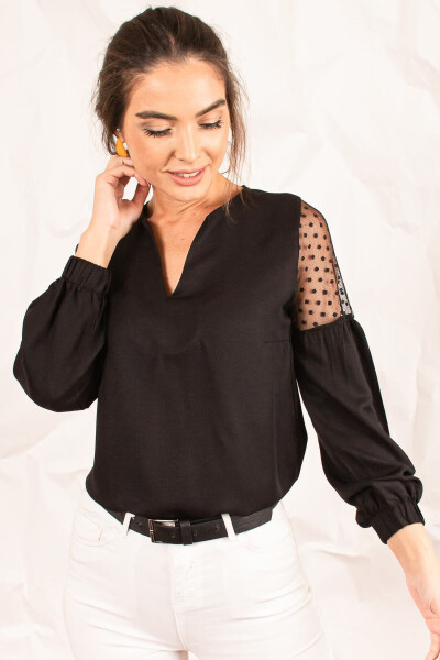 Women's Black V-Neck Puff Sleeve Tulle Blouse ARM-20K001038 - 6