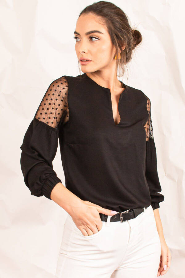 Women's Black V-Neck Puff Sleeve Tulle Blouse ARM-20K001038 - 7