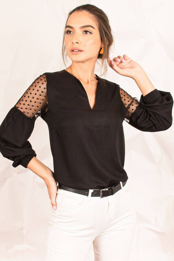 Women's Black V-Neck Puff Sleeve Tulle Blouse ARM-20K001038 - 8