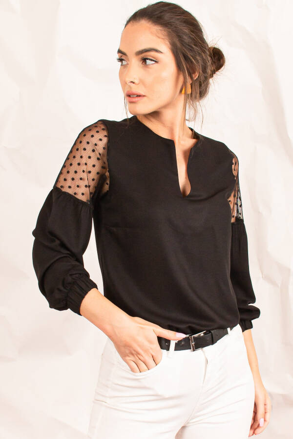 Women's Black V-Neck Puff Sleeve Tulle Blouse ARM-20K001038 - 13