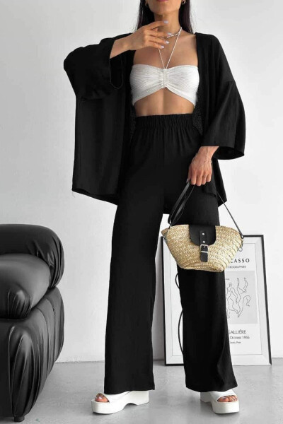 Women's Black Wide Leg Palazzo Kimono Top and Bottom Set - 3