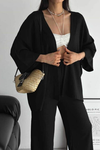 Women's Black Wide Leg Palazzo Kimono Top and Bottom Set - 4