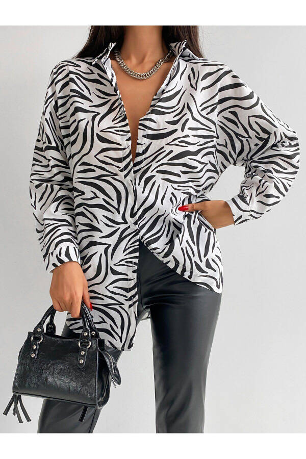 Women's Black Zebra Pattern Oversized Long Basic Shirt Arm-22Y001145 - 6