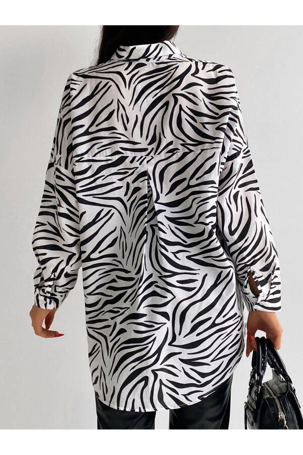 Women's Black Zebra Pattern Oversized Long Basic Shirt Arm-22Y001145 - 8