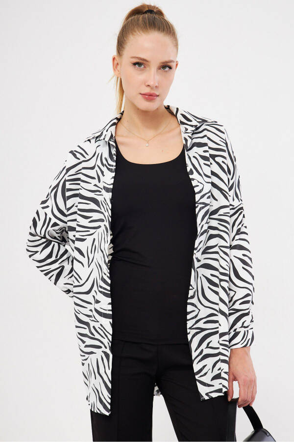 Women's Black Zebra Pattern Oversized Long Basic Shirt Arm-22Y001145 - 1