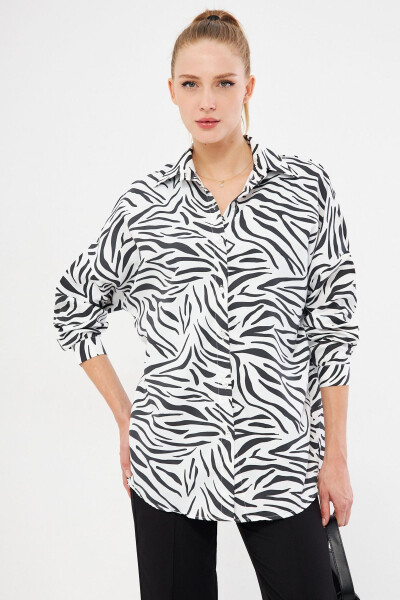 Women's Black Zebra Pattern Oversized Long Basic Shirt Arm-22Y001145 - 3