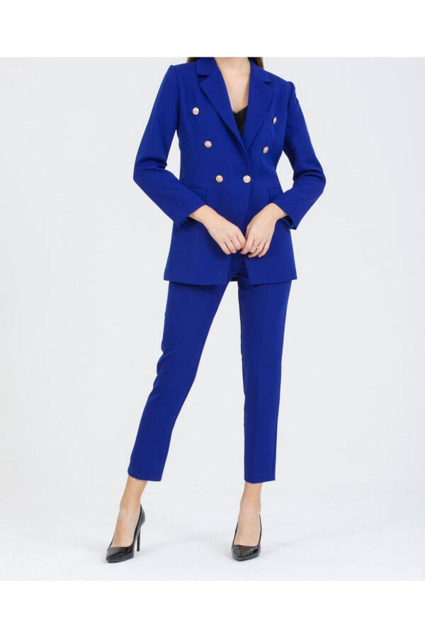 Women's Blazer Jacket with Belted Pants Suit Teal Blue - 1