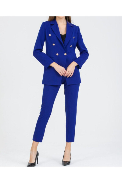 Women's Blazer Jacket with Belted Pants Suit Teal Blue - 4