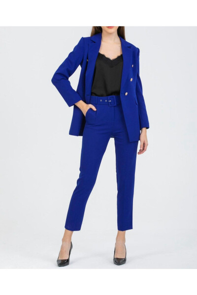 Women's Blazer Jacket with Belted Pants Suit Teal Blue - 6