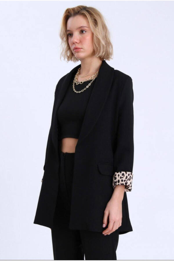 Women's Blazer Jacket with Shawl Collar and Leopard Detail - 1