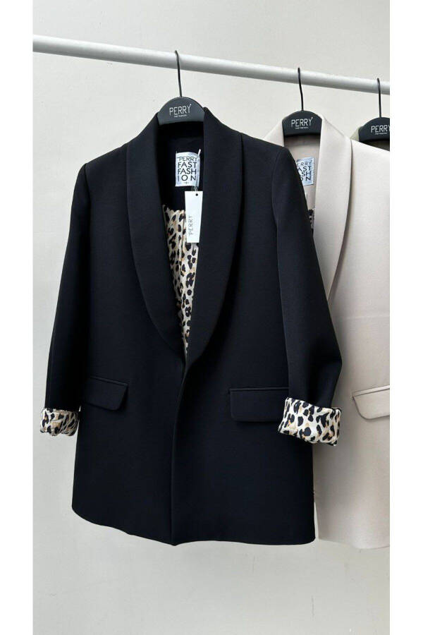 Women's Blazer Jacket with Shawl Collar and Leopard Detail - 3