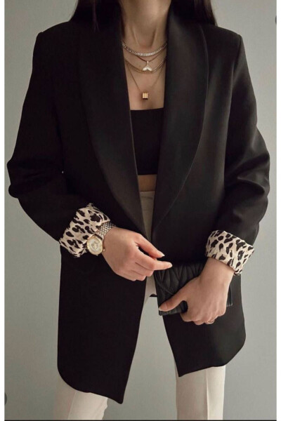 Women's Blazer Jacket with Shawl Collar and Leopard Detail - 4