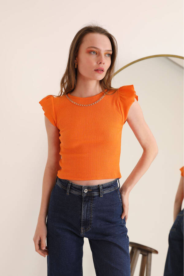 Women's Blouse with Corset Fabric Sleeves, Ruffled and Chain Detail - Orange - 2