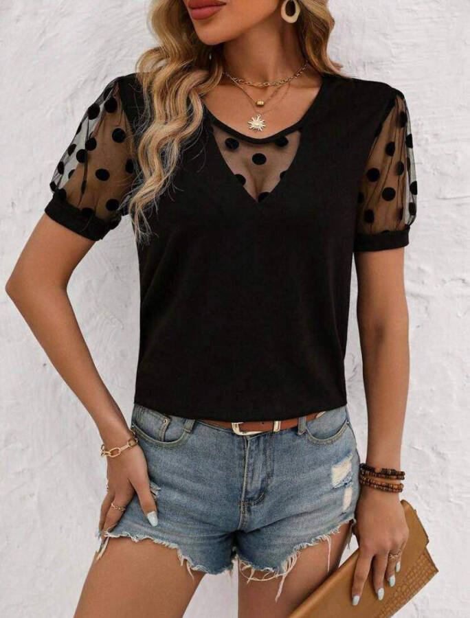 Women's blouse with polka dots, tulle details and a plunging neckline - 1