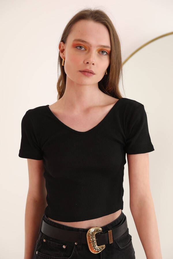 Women's Blouse with V-Neck Detail in Corsage Fabric - Black - 2