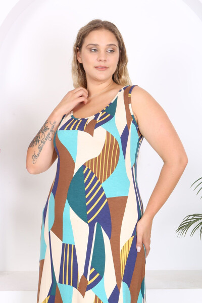 Women's Blue Coffee Geometric Patterned Plus Size Strapless Dress - 5