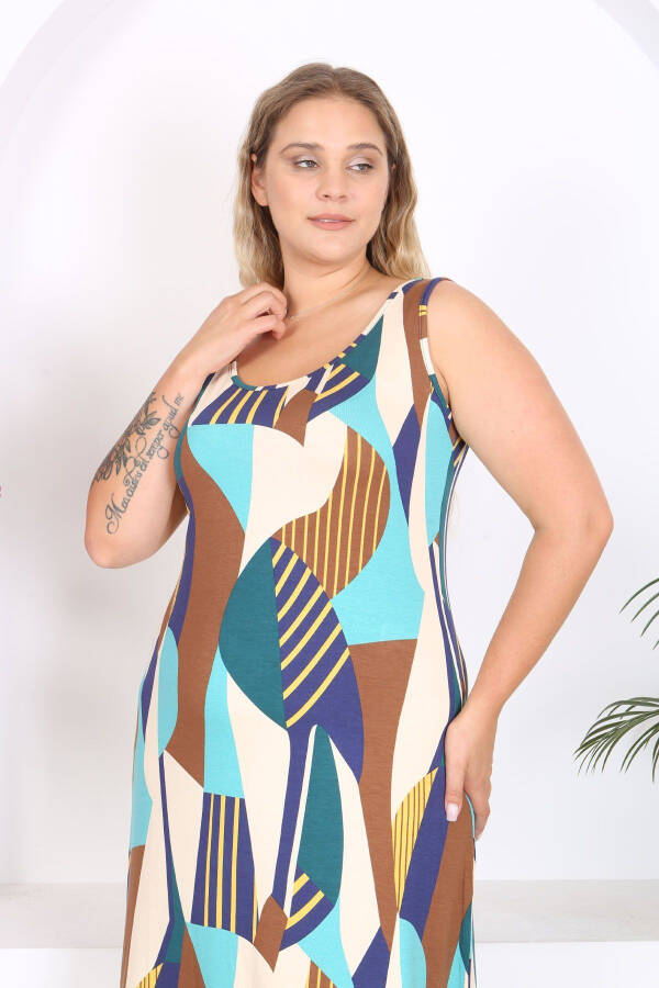 Women's Blue Coffee Geometric Patterned Plus Size Strapless Dress - 5