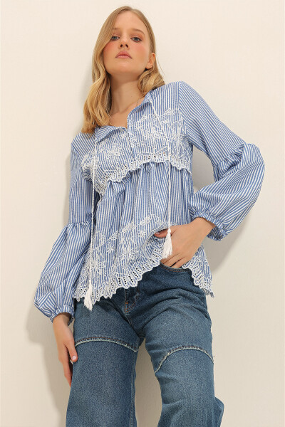 Women's Blue Embroidered Front Frilled Balloon Sleeve Woven Blouse ALC-X11320 - 1