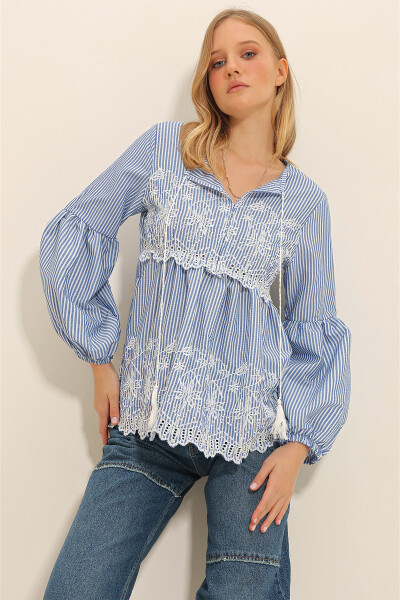 Women's Blue Embroidered Front Frilled Balloon Sleeve Woven Blouse ALC-X11320 - 2