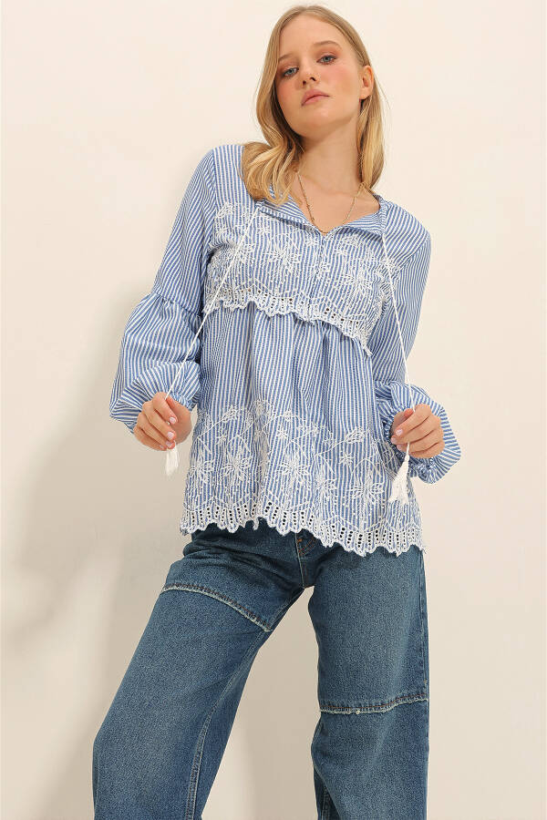 Women's Blue Embroidered Front Frilled Balloon Sleeve Woven Blouse ALC-X11320 - 3