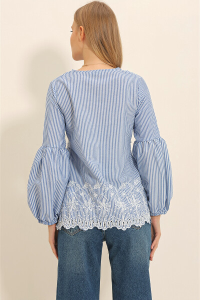 Women's Blue Embroidered Front Frilled Balloon Sleeve Woven Blouse ALC-X11320 - 4