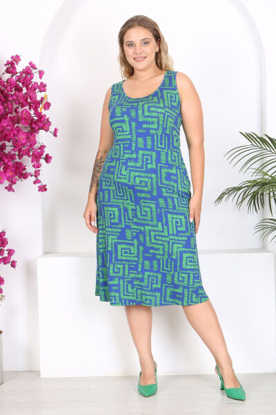 Women's Blue Green Labyrinth Patterned Plus Size Strapless Dress - 1