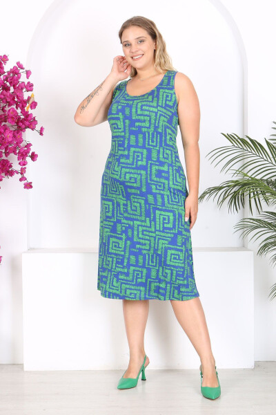 Women's Blue Green Labyrinth Patterned Plus Size Strapless Dress - 3