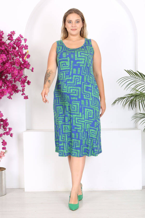 Women's Blue Green Labyrinth Patterned Plus Size Strapless Dress - 4