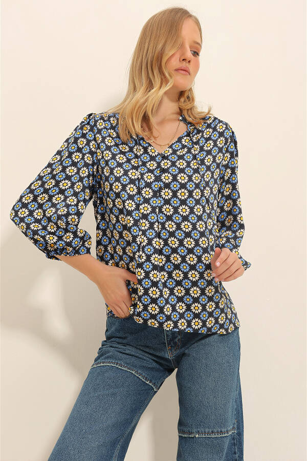 Women's Blue Mandarin Collar Floral Print Button Detail Woven Blouse ALC-X11333 - 1