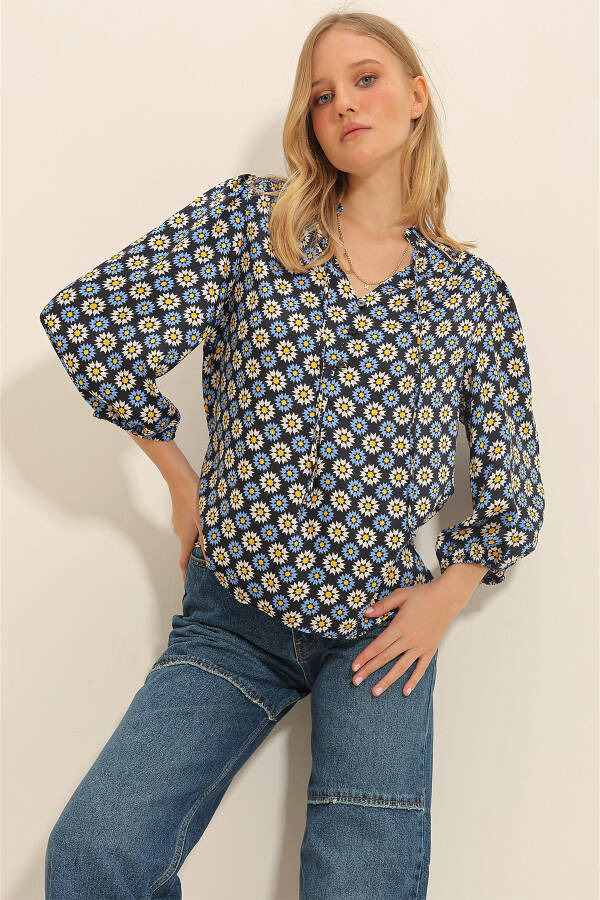 Women's Blue Mandarin Collar Floral Print Button Detail Woven Blouse ALC-X11333 - 2