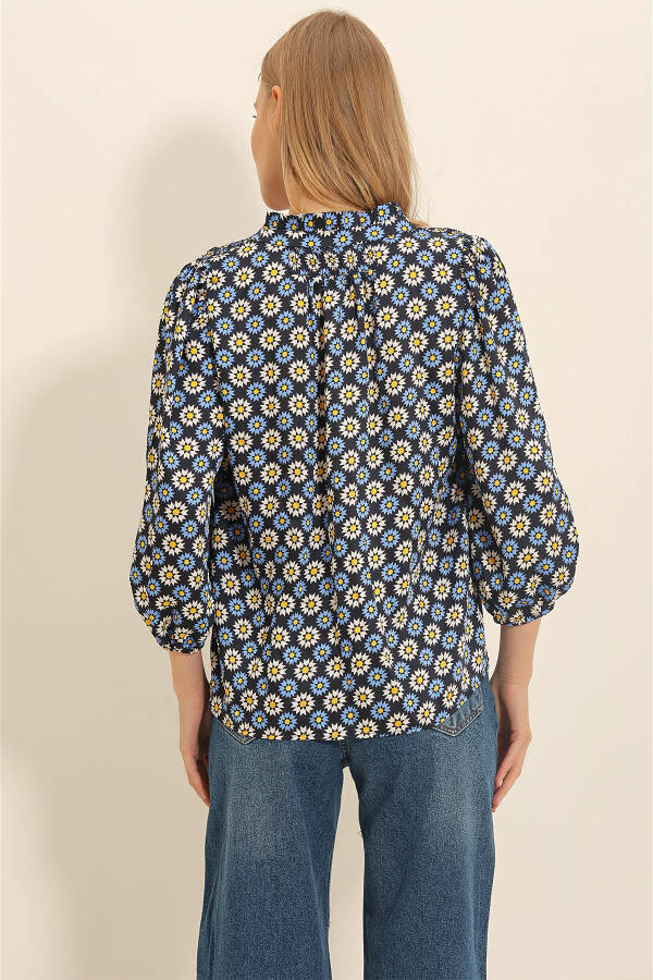 Women's Blue Mandarin Collar Floral Print Button Detail Woven Blouse ALC-X11333 - 5