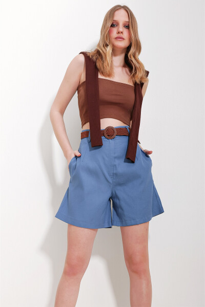 Women's Blue Woven Straw Belt Gabardine Shorts ALC-X10271 - 1