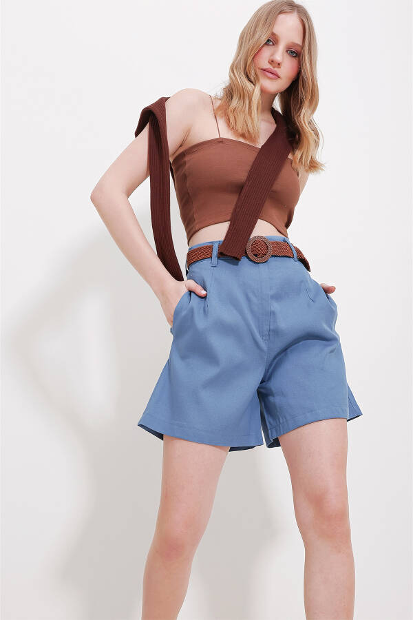 Women's Blue Woven Straw Belt Gabardine Shorts ALC-X10271 - 3