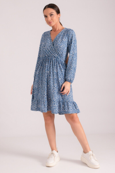 Women's Blue Wrap Dress with Frilled Skirt, Elastic Waist and Long Sleeves ARM-24Y001005 - 1