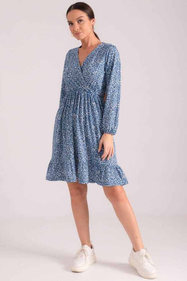 Women's Blue Wrap Dress with Frilled Skirt, Elastic Waist and Long Sleeves ARM-24Y001005 - 2