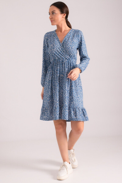 Women's Blue Wrap Dress with Frilled Skirt, Elastic Waist and Long Sleeves ARM-24Y001005 - 3