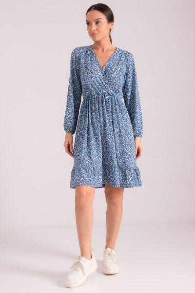 Women's Blue Wrap Dress with Frilled Skirt, Elastic Waist and Long Sleeves ARM-24Y001005 - 4