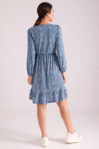 Women's Blue Wrap Dress with Frilled Skirt, Elastic Waist and Long Sleeves ARM-24Y001005 - 5