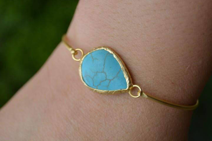 Women's Bracelet Bangle Gold Plated and Turquoise Stone - 1