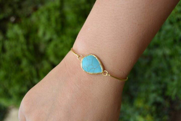 Women's Bracelet Bangle Gold Plated and Turquoise Stone - 2