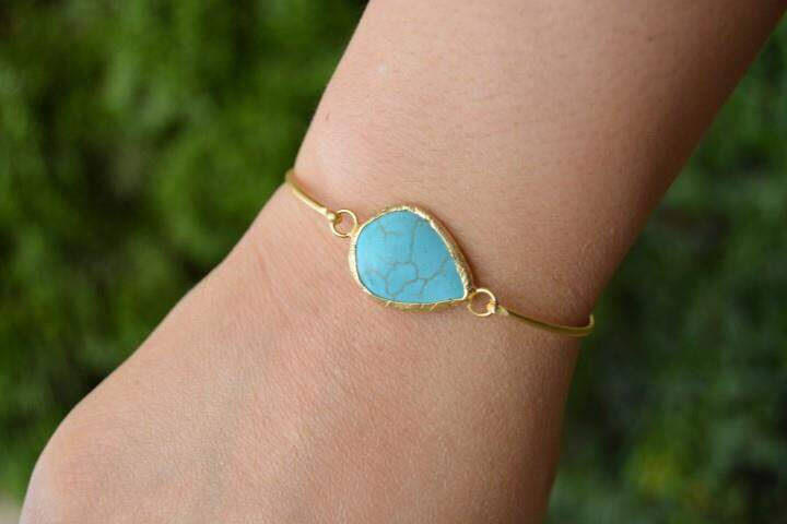 Women's Bracelet Bangle Gold Plated and Turquoise Stone - 4