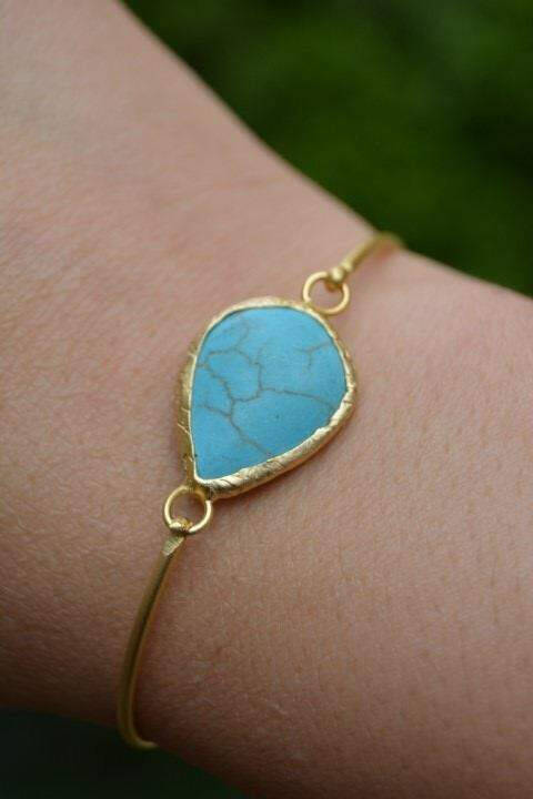 Women's Bracelet Bangle Gold Plated and Turquoise Stone - 1