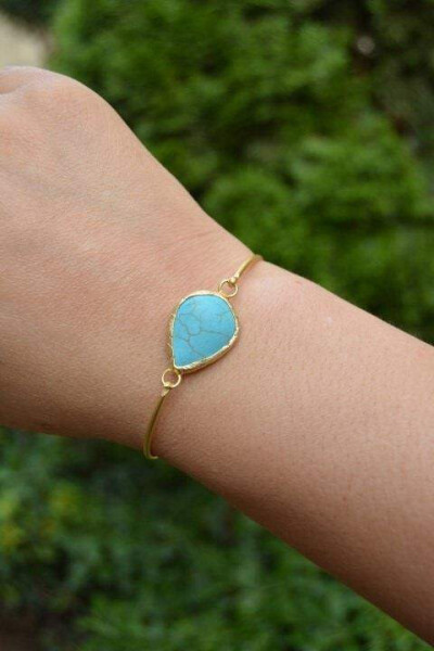 Women's Bracelet Bangle Gold Plated and Turquoise Stone - 2